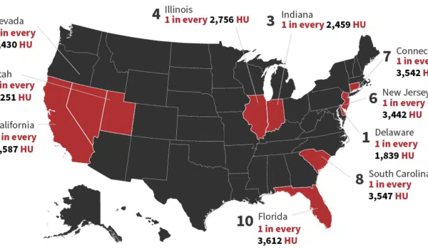 A map that shows the foreclosure trends by state.